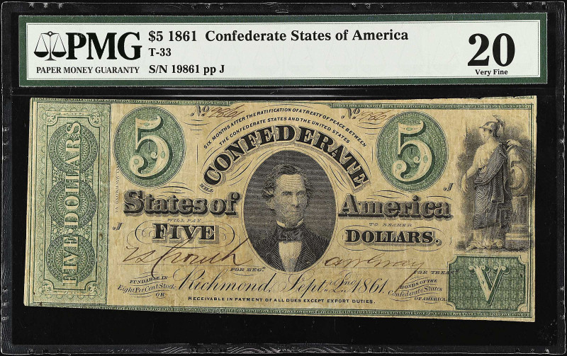 T-33. Confederate Currency. 1861 $5. PMG Very Fine 20.
No. 19861. Plate J. PF-7...