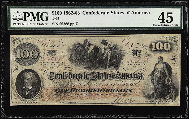 T-41. Confederate Currency. 1862-63 $100. PMG Choice Extremely Fine 45.
No. 662...