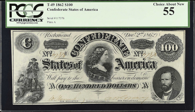 T-49. Confederate Currency. 1862 $100. PCGS Currency Choice About New 55.
No. 1...