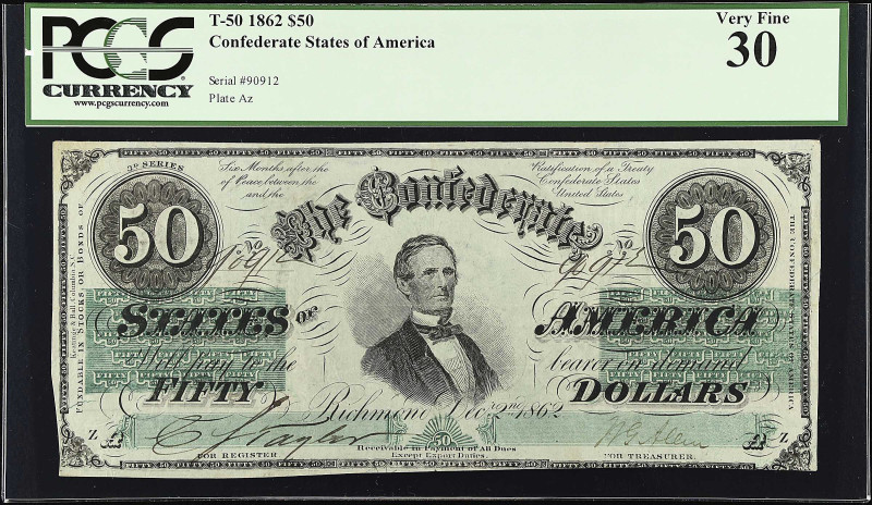 T-50. Confederate Currency. 1862 $50. PCGS Currency Very Fine 30.
No. 90912, Pl...