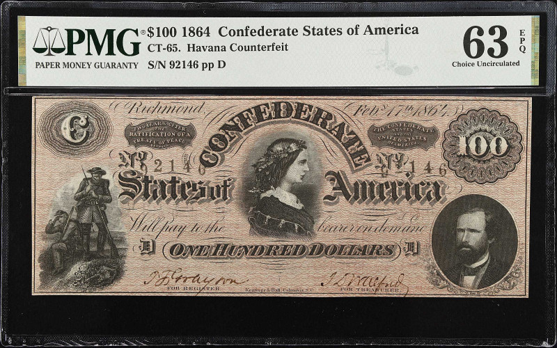 CT-65. Confederate Currency. 1864 $100. PMG Choice Uncirculated 63 EPQ. Contempo...