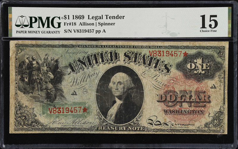 Fr. 18.1869 $1 Legal Tender Note. PMG Choice Fine 15.
A popular ace from the ra...