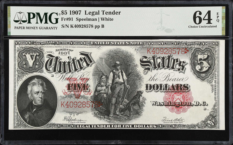 Fr. 91. 1907 $5 Legal Tender Note. PMG Choice Uncirculated 64 EPQ.
A near-Gem e...