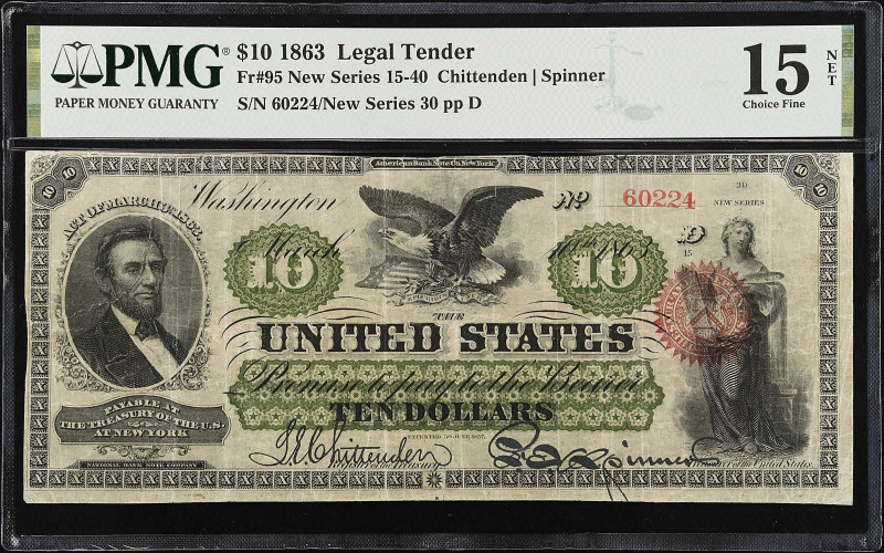 Fr. 95. 1863 $10 Legal Tender Note. PMG Choice Fine 15 Net. Tape Repairs.
New S...