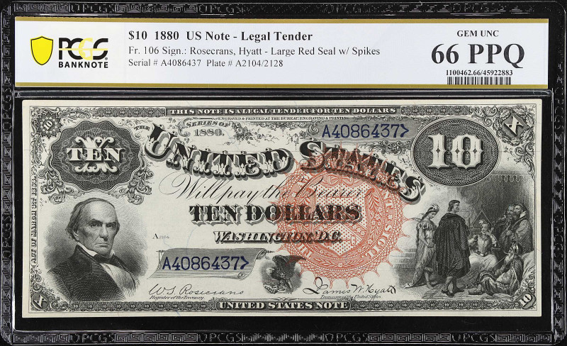 Fr. 106. 1880 $10 Legal Tender Note. PCGS Banknote Gem Uncirculated 66 PPQ.
PCG...