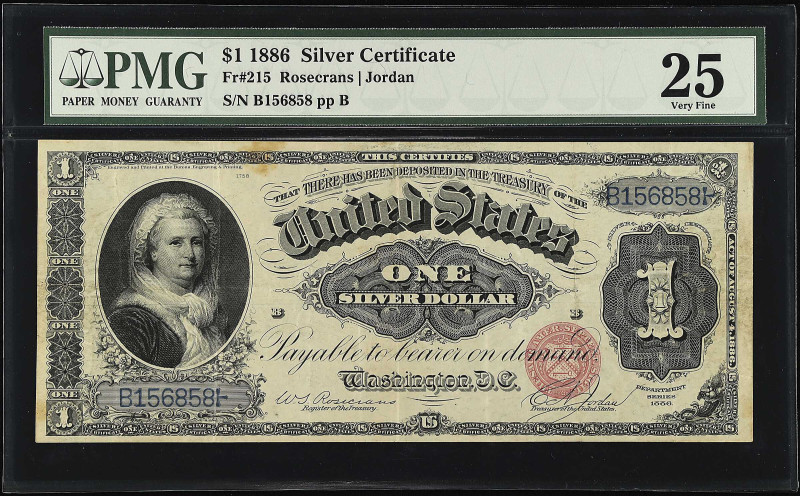 Fr. 215. 1886 $1 Silver Certificate. PMG Very Fine 25.
Rosecrans - Jordan signa...