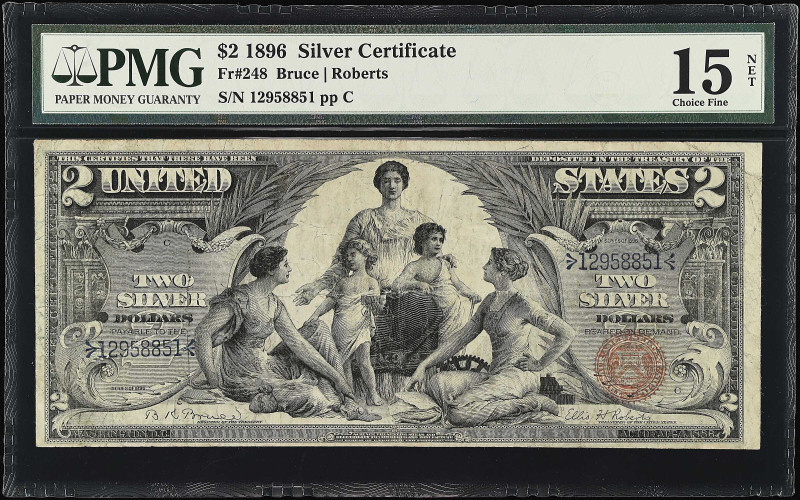 Fr. 248. 1896 $2 Silver Certificate. PMG Choice Fine 15 Net. Discoloration.
A d...