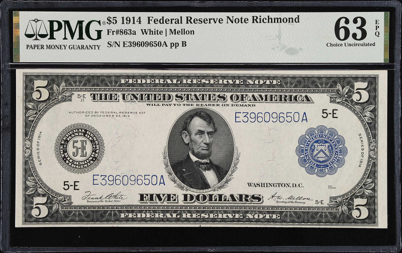 Fr. 863a. 1914 $5 Federal Reserve Note. Richmond. PMG Choice Uncirculated 63 EPQ...