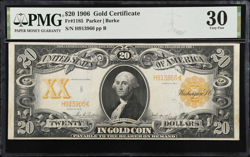 Fr. 1185. 1906 $20 Gold Certificate Star Note. PMG Very Fine 30.
A scarcer 1906...