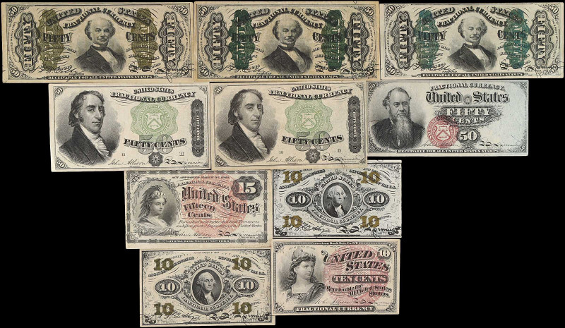 Lot of (10). 10, 15 & 50 Cents. Fractional Currency. Very Fine to Extremely Fine...