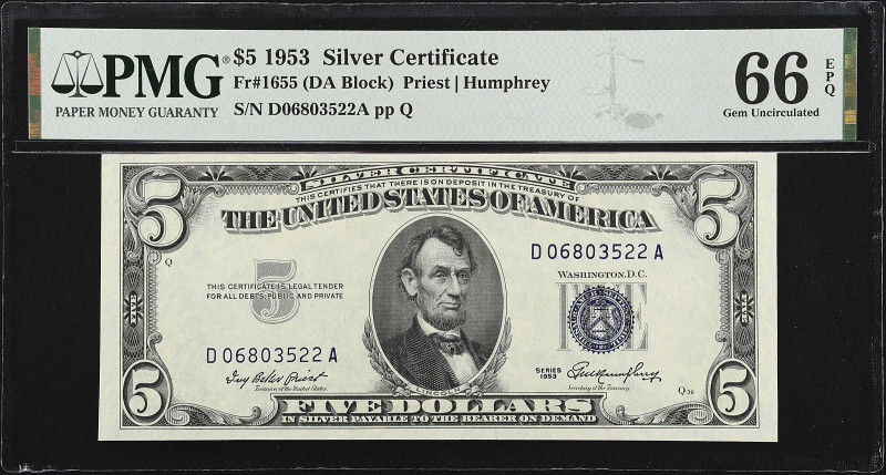 Fr. 1655. 1953 $5 Silver Certificate. PMG Gem Uncirculated 66 EPQ.
A Gem exampl...