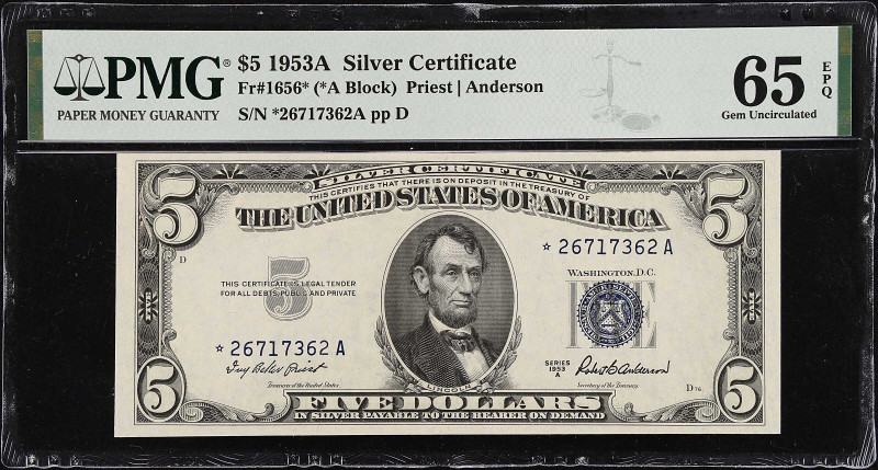 Fr. 1656*.1953A $5 Silver Certificate Star Note. PMG Gem Uncirculated 65 EPQ.
...