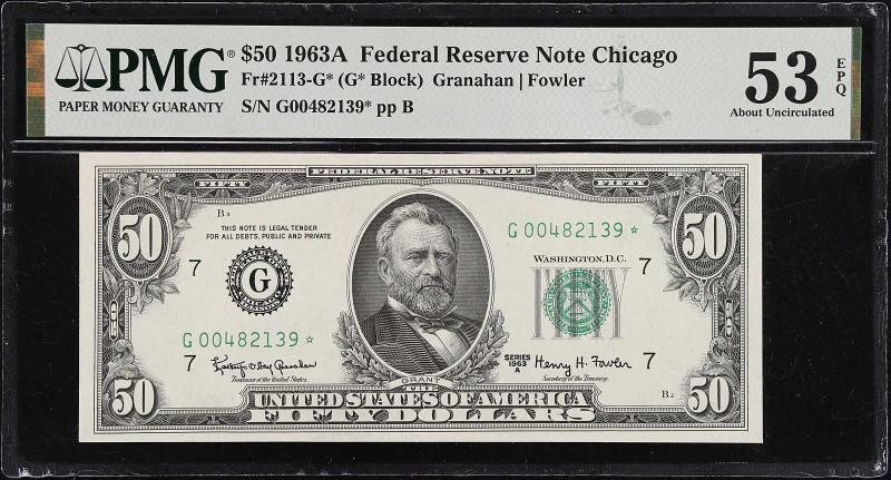 Fr. 2113-G*.1963A $50 Federal Reserve Star Note. Chicago. PMG About Uncirculated...