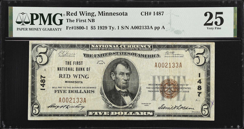 Red Wing, Minnesota. $5. 1929 Ty. 1. Fr. 1800-1. The First NB. Charter #1487. PM...