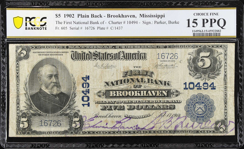 Brookhaven, Mississippi. $5. 1902. Plain Back. Fr. 605. The First NB. Charter #1...