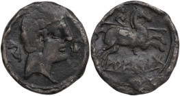 Hispania. AE Unit, Areikoratikos-Arekoratas, Agreda (Soria), 150-20 BC. Obv. Male head right; behind and before, dolphin. Rev. Horseman right. AE. 9.1...