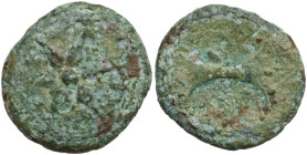 Greek Italy. Etruria, uncertain mint. AE Uncia. Circa 3rd century BC. Obv. Wheel of six spokes, pellet within. Rev. Bipennis. HN Italy 59; Vecchi ICC ...