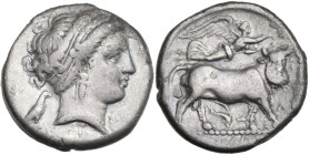 Greek Italy. Central and Southern Campania, Neapolis. AR Didrachm, 320-300 BC. Obv. Head of nymph right; behind, eagle. Rev. Man-headed bull right; ab...