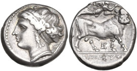 Greek Italy. Central and Southern Campania, Neapolis. AR Didrachm, c. 300-275 BC. Obv. Head of nymph leftt; symbol behind. Rev. Man-headed bull standi...