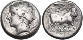 Greek Italy. Central and Southern Campania, Neapolis. AR fourrée Didrachm, 275-250 BC. Obv. Head of nymph left. Rev. Man-headed bull right, head facin...