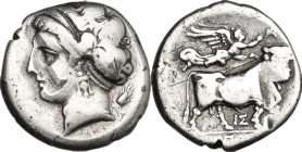 Greek Italy. Central and Southern Campania, Neapolis. AR Didrachm, c. 320-300 BC. Obv. Head of Parthenope left. Rev. Man-headed bull standing right; a...