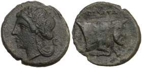 Greek Italy. Central and Southern Campania, Neapolis. AE 14 mm, c. 300-275 BC. Obv. Laureate head of Apollo left; crescent below. Rev. Forepart of man...