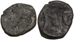 Greek Italy. Central and Southern Campania, Neapolis. AE 13 mm, c. 300-275 BC. Obv. Laureate head of Apollo left (short hair). Rev. Forepart of man-fa...