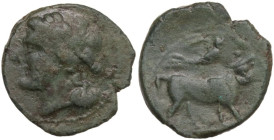 Greek Italy. Central and Southern Campania, Neapolis. AE 15 mm, c. 250-225 BC. Obv. Laureate head of Apollo left, letter behind. Rev. Man-faced bull w...