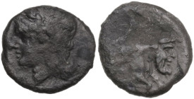 Greek Italy. Central and Southern Campania, Neapolis. AE 12.5 mm, c. 250-225 BC. Obv. Laureate head of Apollo left. Rev. Forepart of man-faced bull ri...