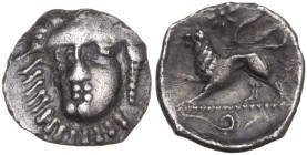 Greek Italy. Central and Southern Campania, Phistelia. AR Obol, c. 325-275 BC. Obv. Female head facing slightly left. Rev. Lion standing left; coiled ...