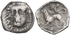 Greek Italy. Central and Southern Campania, Phistelia. AR Obol, c. 325-275 BC. Obv. Female head facing slightly left. Rev. Lion standing left; coiled ...