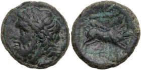 Greek Italy. Northern Apulia, Arpi. AE 22 mm, 325-275 BC. Obv. Laureate head of Zeus left. Rev. Boar right; above, spear-head. HN Italy 642; HGC 1 534...