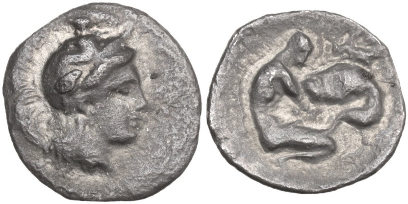 Greek Italy. Southern Apulia, Tarentum. AR Diobol, c. 325-280 BC. Obv. Head of A...