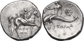 Greek Italy. Southern Apulia, Tarentum. AR Nomos, 280-272 BC. Obv. Nude youth crowning horse he rides right; ZΩ to left, NEY/MH in two lines below. Re...