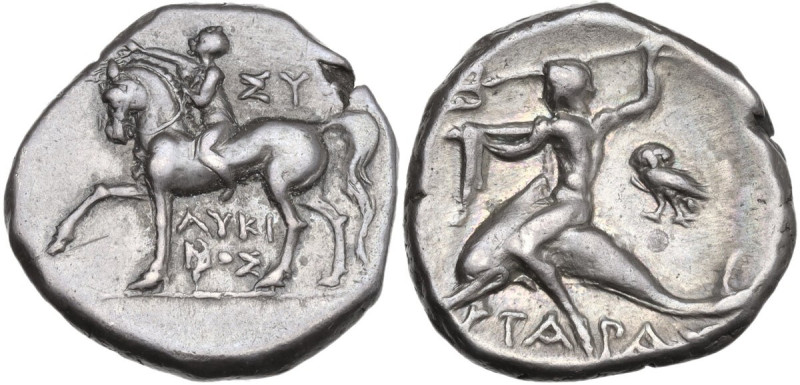 Greek Italy. Southern Apulia, Tarentum. AR Nomos, 272-235 BC. Obv. Horseman left...