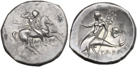 Greek Italy. Southern Apulia, Tarentum. AR Nomos c. 272-240 BC. Obv. Nude youth on horseback right, spearing downward; ΔI in left field; below, API-ΣΤ...