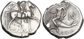 Greek Italy. Southern Apulia, Tarentum. AR Nomos, c. 272-240 BC. Aristeides and Fi-, magistrates. Obv. Youth on horseback right; behind, Nike flying r...