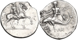 Greek Italy. Southern Apulia, Tarentum. AR Reduced Nomos – Half-Shekel. Punic occupation, c. 212-209 BC. Obv. Warrior, wearing full armor, holding fil...