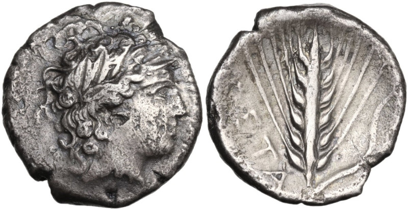 Greek Italy. Southern Lucania, Metapontum. AR Nomos, c. 400-340 BC. Obv. Laureat...