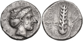 Greek Italy. Southern Lucania, Metapontum. Fourrée Nomos, c. 400-340 BC. Obv. Head of Demeter right, hair in sakkos. Rev. ΜΕΤΑΠΟΝΤΙΟΝ. Barley ear with...