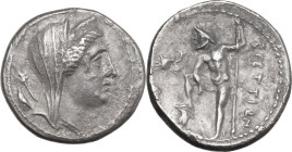 Greek Italy. Bruttium, The Brettii. AR Drachm, 216-214 BC. Obv. Head of Hera Lakinia right, diademed, veiled; behind, helmet. Rev. Zeus standing left,...