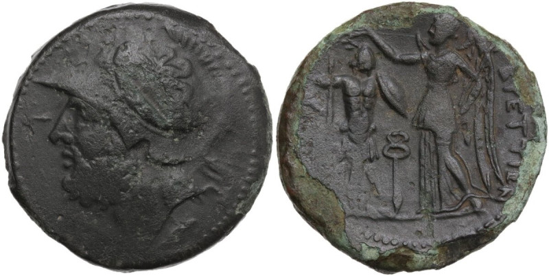 Greek Italy. Bruttium, The Brettii. AE Double unit, 214-211 BC. Obv. Helmeted he...