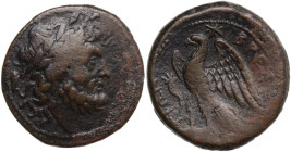 Greek Italy. Bruttium, Brettii. AE Unit, c. 215 BC. Obv. Laureate head of Zeus right. Rev. BPET-TIΩN. Eagle standing left on thunderbolt with wings sp...