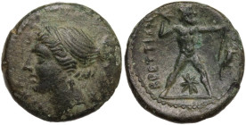 Greek Italy. Bruttium, Brettii. AE Half-Unit. Fourth Coinage, c. 214-211 BC. Obv. NIKA. Diademed head of Nike left. Rev. ΒΡΕΤΤΙΩΝ. Zeus striding right...