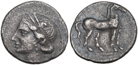 Greek Italy. Bruttium, Carthaginians in South-West Italy. Carthaginian Occupation. AR Quarter Shekel, uncertain mint, c. 216-211 BC. Obv. Head of Tani...