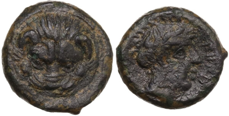 Greek Italy. Bruttium, Rhegion. AE 13.5 mm. circa 351-280 BC. Obv. Facing lion-m...