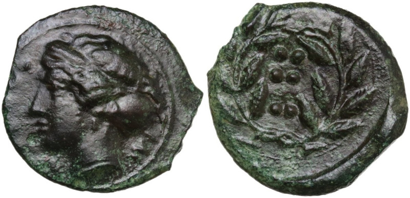 Sicily. Himera. AE Hemiltron, c. 415-409 BC. Obv. Head of nymph left; before, si...