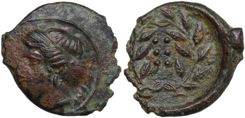 Sicily. Himera. AE Hemiltron, c. 415-409 BC. Obv. Head of nymph left; before, si...