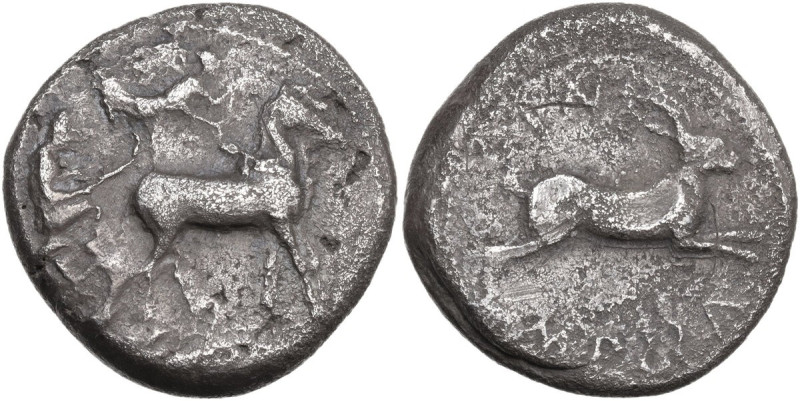 Sicily. Messana. AR Tetradrachm, c. 450-446 BC. Obv. Seated muleteer driving mul...