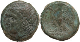 Sicily. Syracuse. Hiketas (287-278 BC). AE 23 mm. Obv. ΔIOΣ EΛΛANIOY. Laureate head of Zeus Hellanios left; behind, trophy. Rev. ΣYPAKOΣIΩN. Eagle, wi...